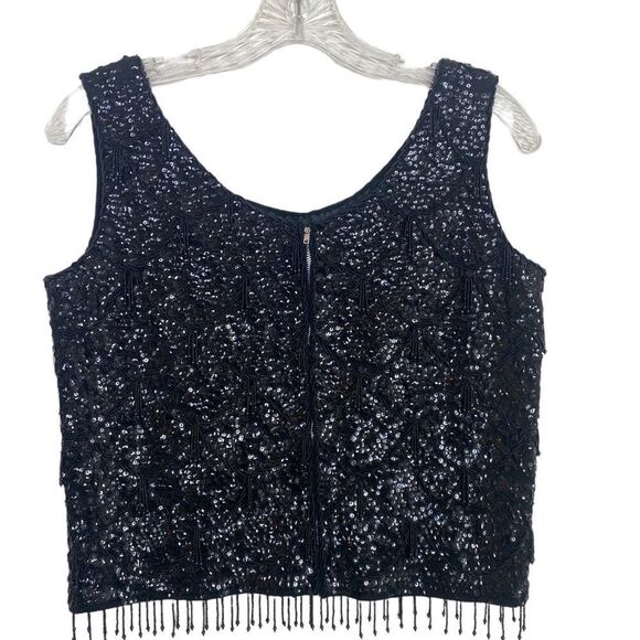 Vintage beaded black sequin blouse 50s cropped sleeveless round neck - Picture 2 of 6